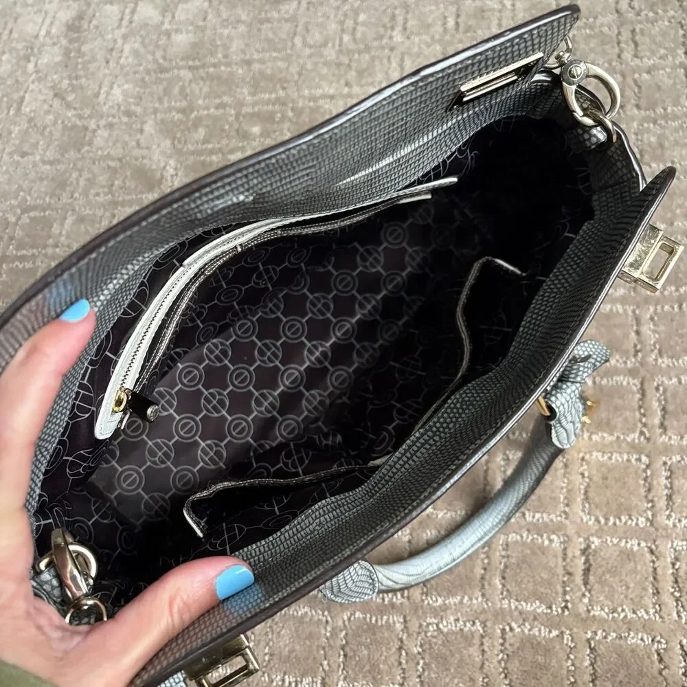 Henri Bendel Embossed Leather Top Handle Crossbody Bag Gray Reptile Turnlock
